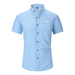 Stand Collar Men's Short Sleeve Shirt Brit Style