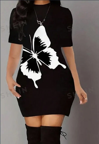 Ladies' Butterfly Print Short Sleeve Slim Fit Bodycon Dress Brit Style