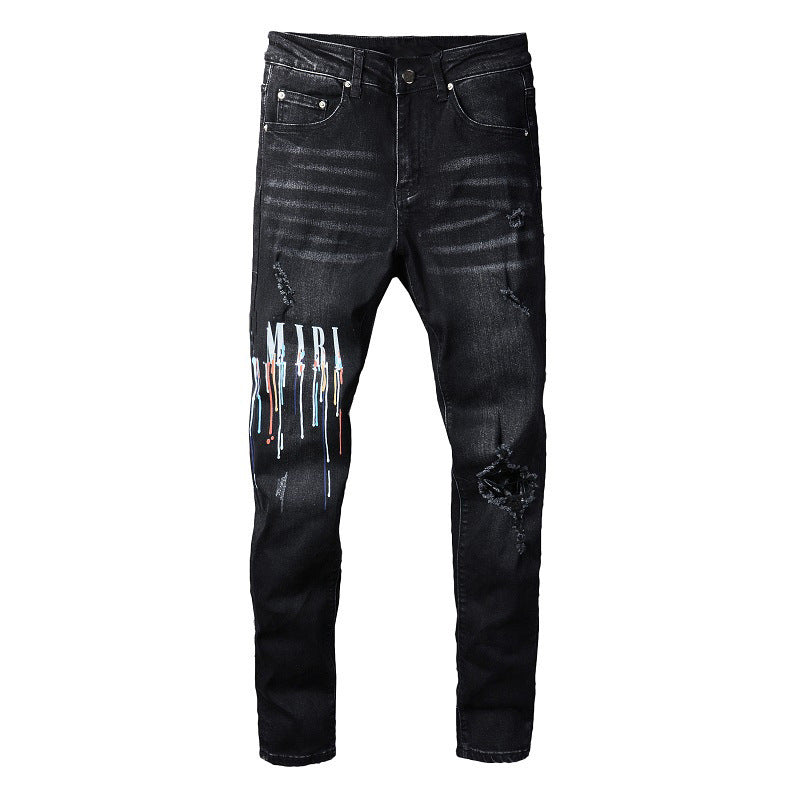 Dazzling Color Letters Black Men's Jeans Brit Style