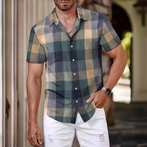 Plaid Shirt Men's Short Sleeve Fashion Korean Style Green Brit Style