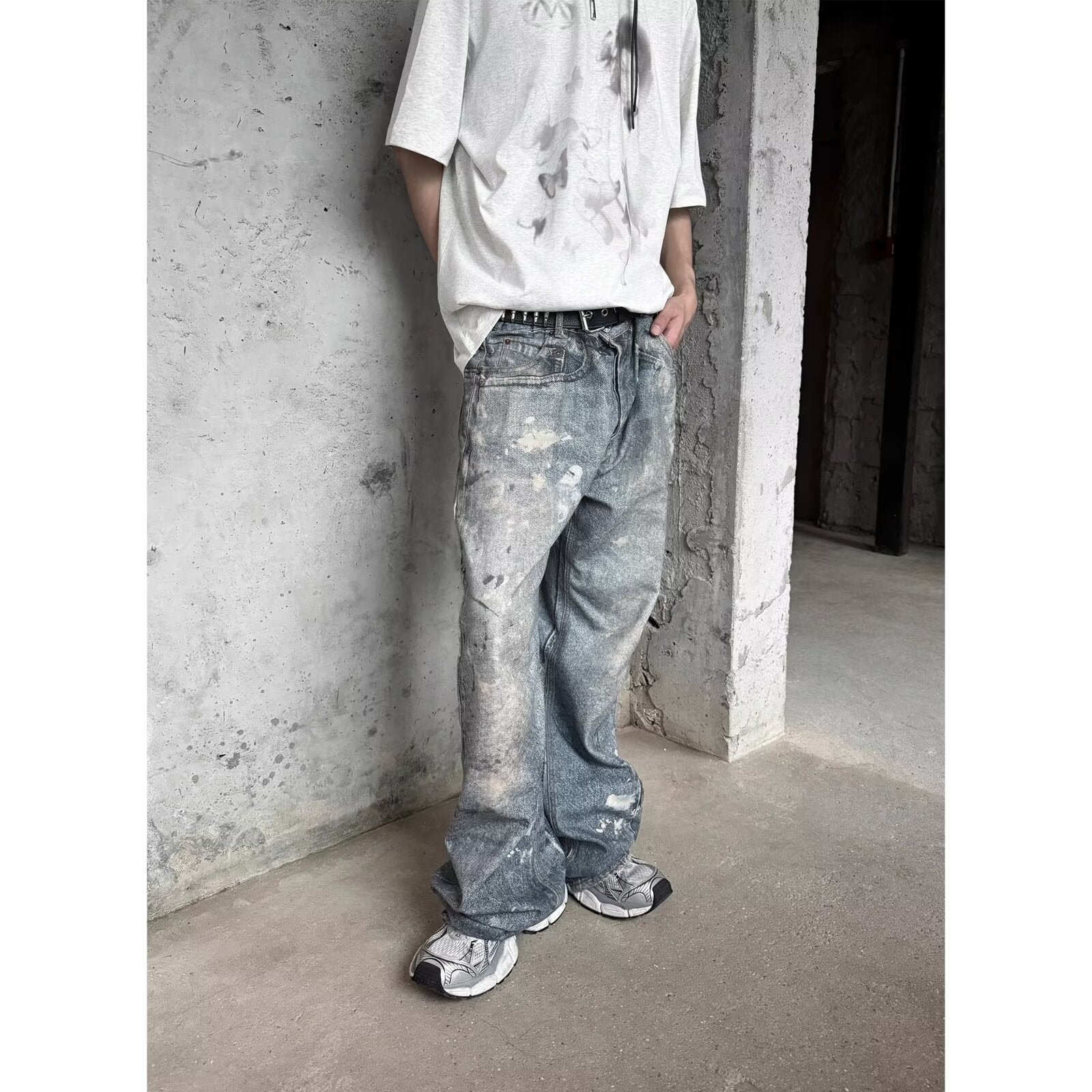 Washed Distressed Printed Denim Men's Straight Loose Long Pants Brit Style