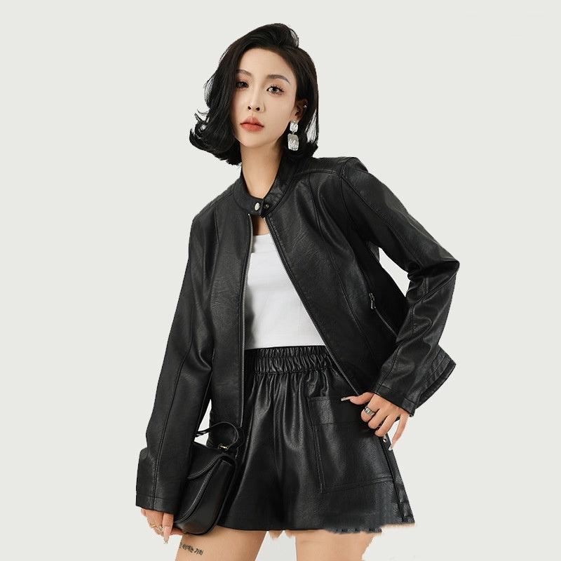 Women's Leather Jacket Locomotive Style Leather Coat Leather Jacket Brit Style