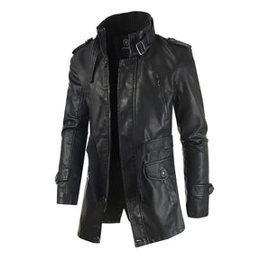 Men's Mid-length Leather Coat Stand Collar Fleece-lined Thickened Brit Style