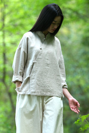 Hemp Plain Buttoned Top High Quality Retro Chinese Style Zen Tea Clothes Women Brit Style