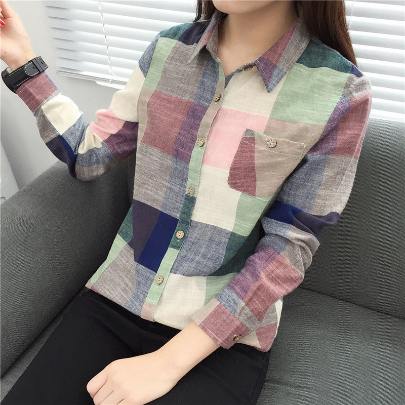 asual Plaid Women Blouses Kimono Vintage Linen Cotton Long Sleeve Blouse Female Shirts Tops Brit Style