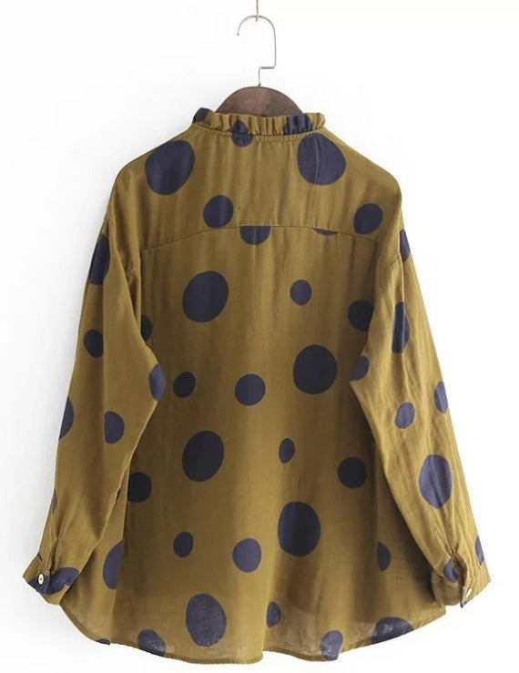 Casual Polka Dot Print Stand Collar Loose Women Blouses Brit Style