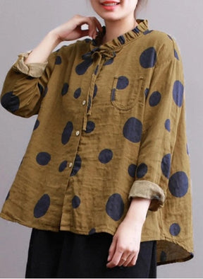 Casual Polka Dot Print Stand Collar Loose Women Blouses Brit Style