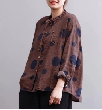 Casual Polka Dot Print Stand Collar Loose Women Blouses Brit Style