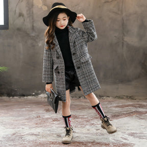 Gray plaid houndstooth coat for girls Brit Style