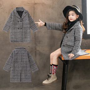 Gray plaid houndstooth coat for girls Brit Style