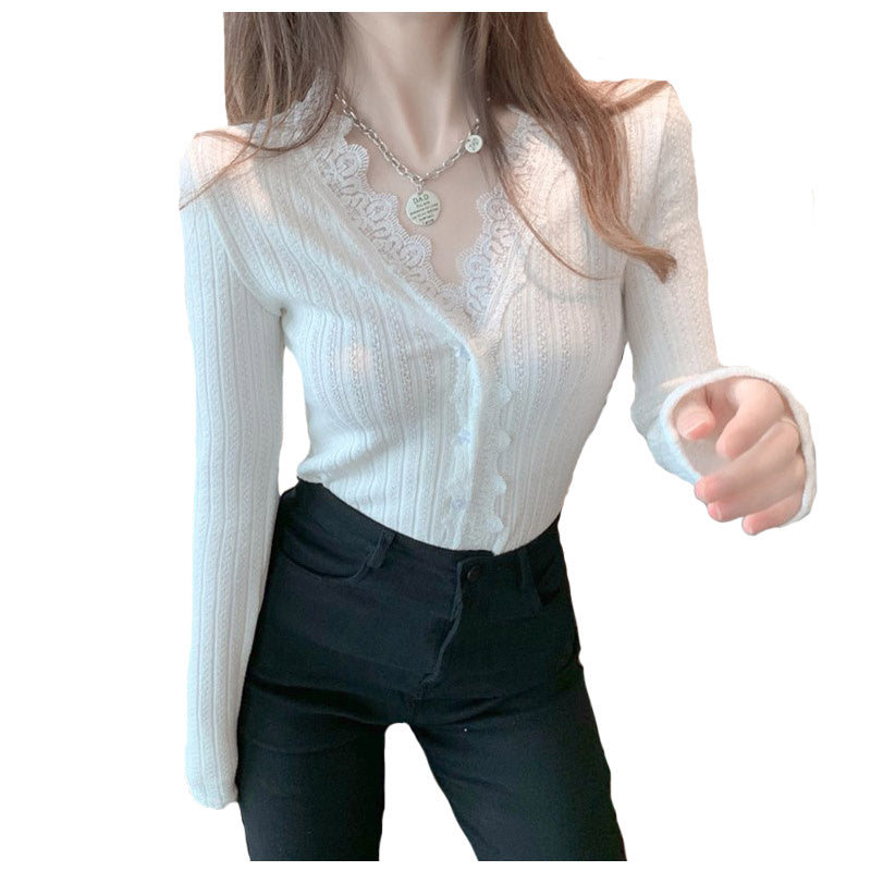 Lace Stitching Bottoming Shirt Women Spring Brit Style