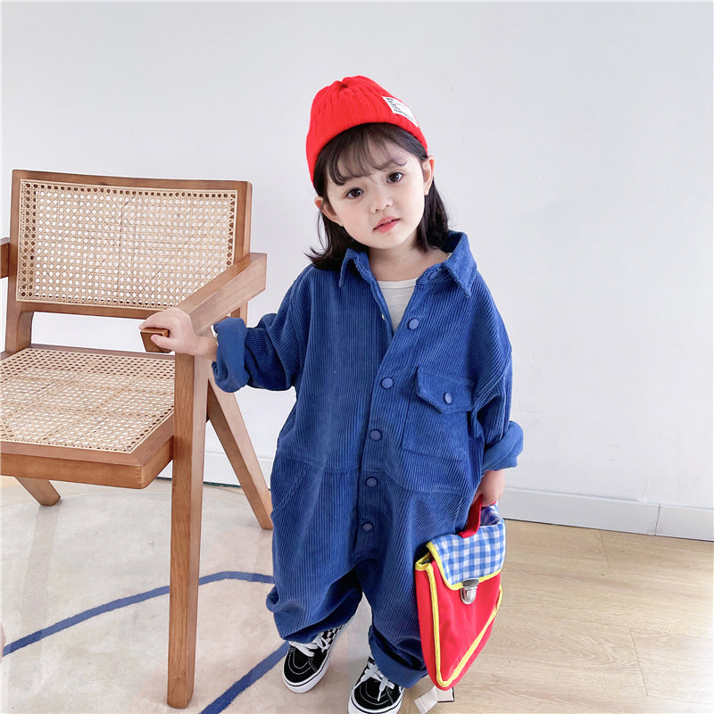 Spring Autumn Fashion Boys Girls Solid Color Corduroy Long Sleeve One-pieces Kids Children Loose Oversized Jumpsuits Brit Style