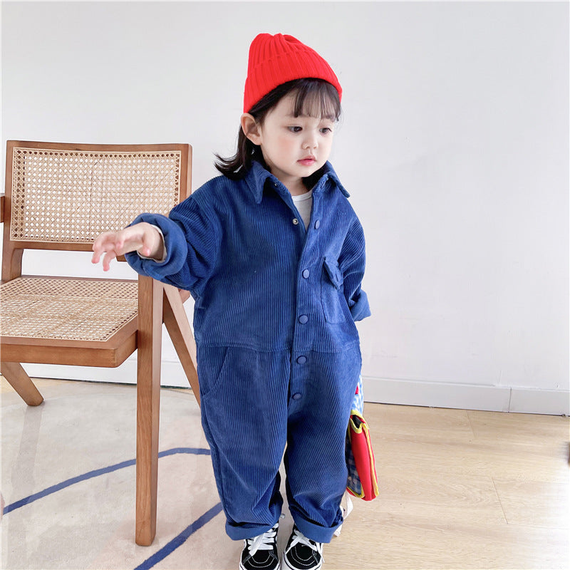 Spring Autumn Fashion Boys Girls Solid Color Corduroy Long Sleeve One-pieces Kids Children Loose Oversized Jumpsuits Brit Style