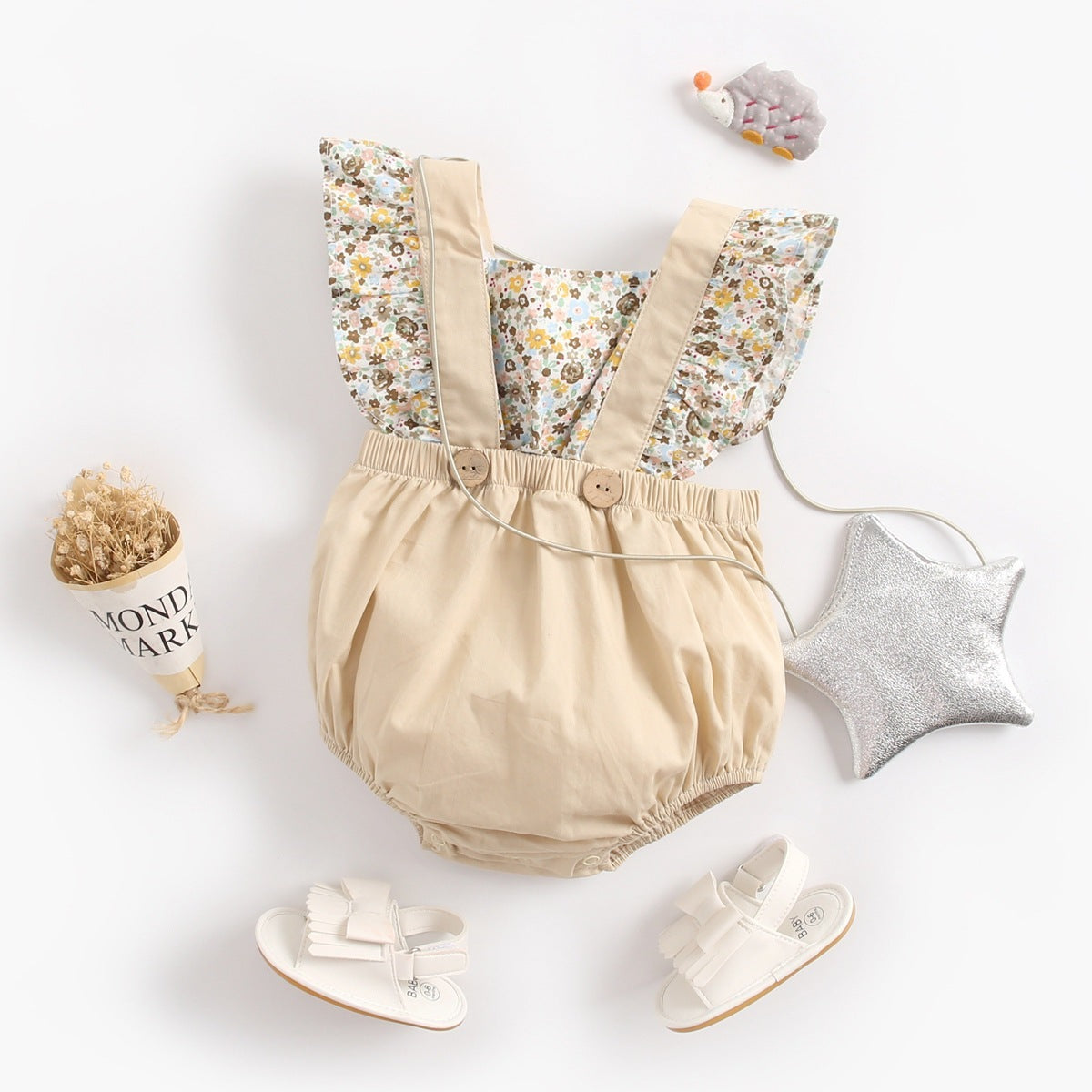 Baby Clothes Floral Stitching One-Piece Romper Spring And Summer Baby One-Piece Jumpsuit Strap Spring And Autumn Triangle Romper Fake Two Pieces Brit Style