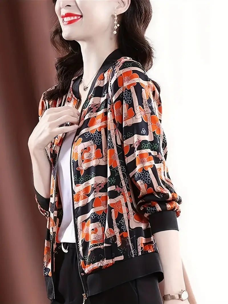 Zipper Jacket Small Thin Long-sleeved Top Colorful Printing Brit Style