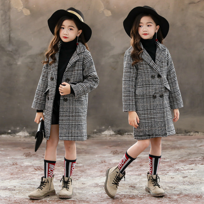 Gray plaid houndstooth coat for girls Brit Style