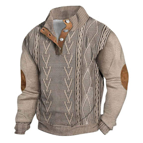 Men's Casual Stand Collar Long-sleeved 3D Printed 4-button Pullover Sweater Brit Style