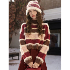 Striped Loose Splicing Knitwear Sweater For Women Brit Style