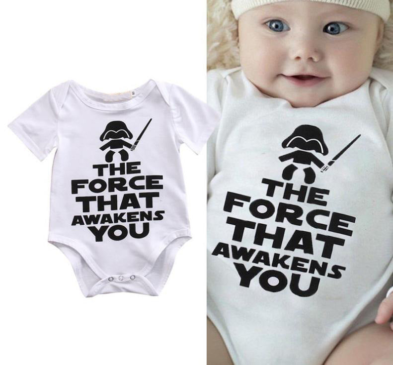 Funny Newborn Infant Clothes Force Awakens You Letter Print White Short Sleeves Tiny Cottons Baby Bodysuits Onesie 0-18M Baby Brit Style