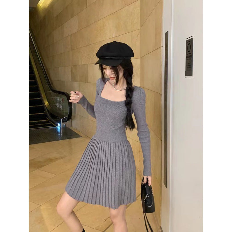 French Style Temperament Minimalist Square Collar Sweet And Spicy Knitted Dress Brit Style