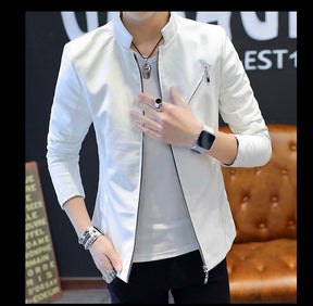 Slim Trendy Youth Stand Collar Leather Jacket Coat Brit Style