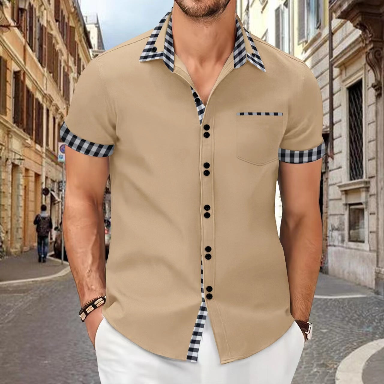 Men's Shirt Casual Pocket Stitching Contrast Color Top Brit Style