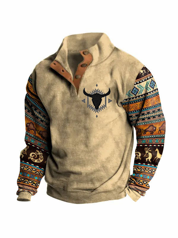 Winter Digital Printing Long Sleeve Stand Collar Half Button Sweater Men Brit Style