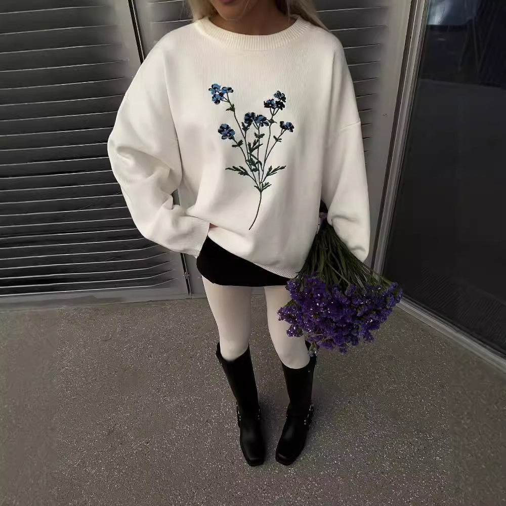 Autumn Flower Embroidered Crew Neck Sweater Brit Style