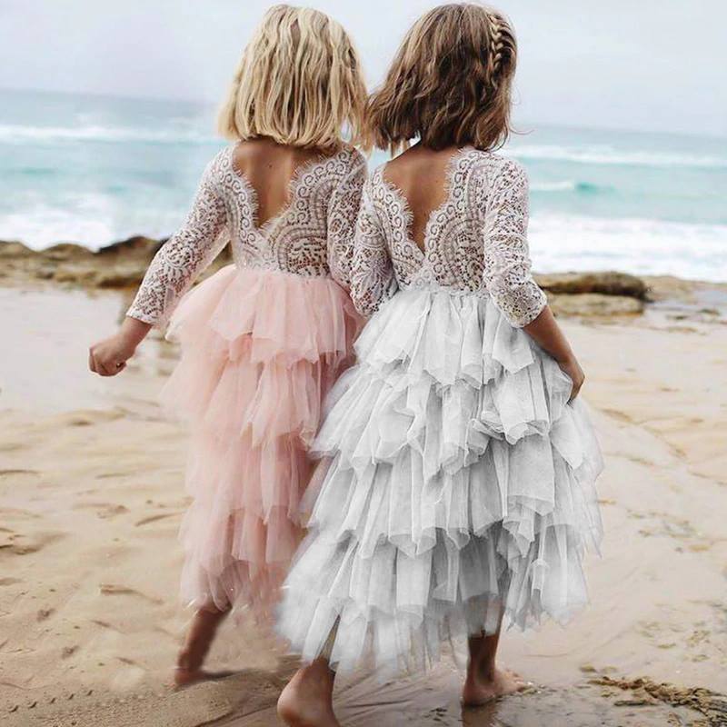 Autumn And Winter Explosions Hollow Children's Skirt Lace Long-sleeved Girls White Princess Dress Irregular Dress Brit Style