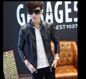 Slim Trendy Youth Stand Collar Leather Jacket Coat Brit Style