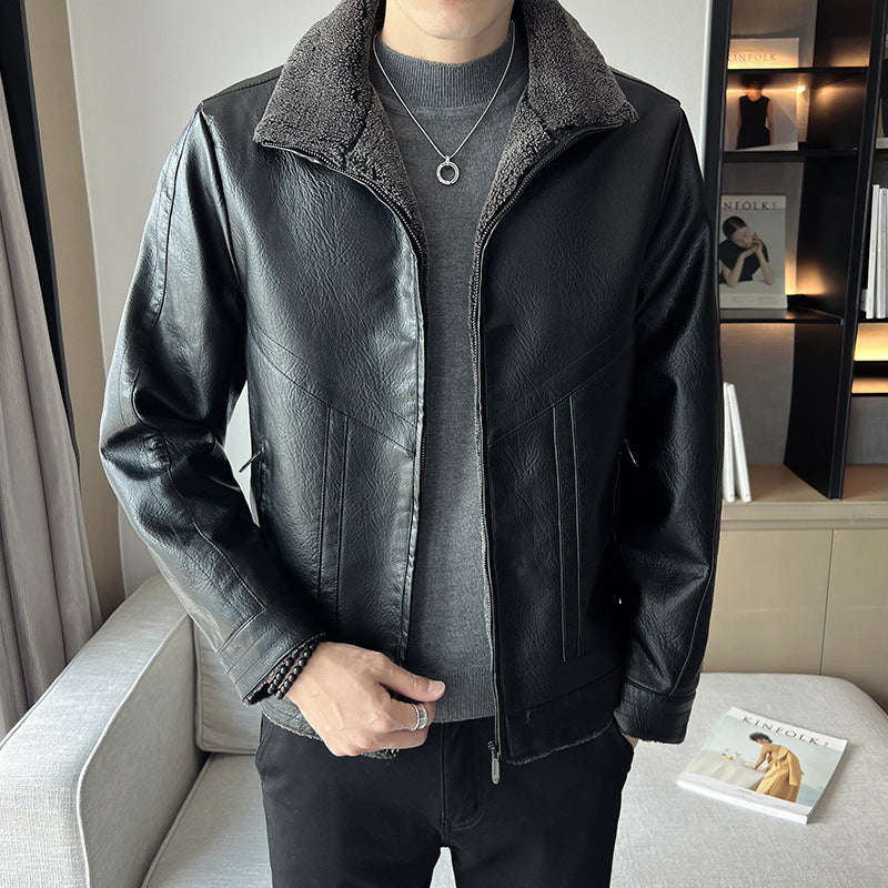 Hong Kong Style Velvet Padded Plus Size Men's Leather Jackets Brit Style