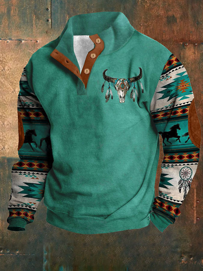 Winter Digital Printing Long Sleeve Stand Collar Half Button Sweater Men Brit Style