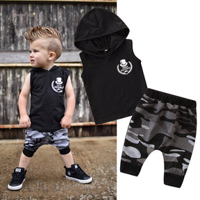 2PCS Toddler Kids Baby Boy Sleeveless Hooded Clothes T-shirt Tops Camo Pants Outfits Brit Style