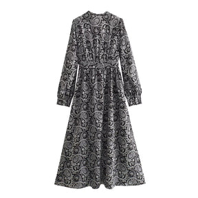 Women's French Style Temperament Floral Print Waist-controlled Slimming Long Sleeve Dress Brit Style