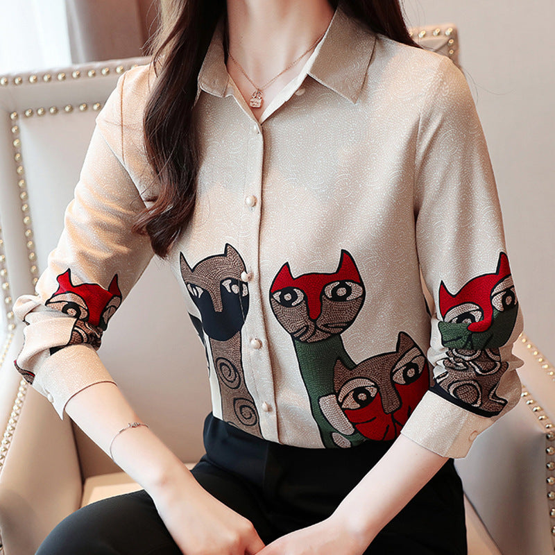 Spring And Autumn Vintage Cat Print Chiffon Shirt Brit Style