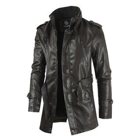 Men's Mid-length Leather Coat Stand Collar Fleece-lined Thickened Brit Style