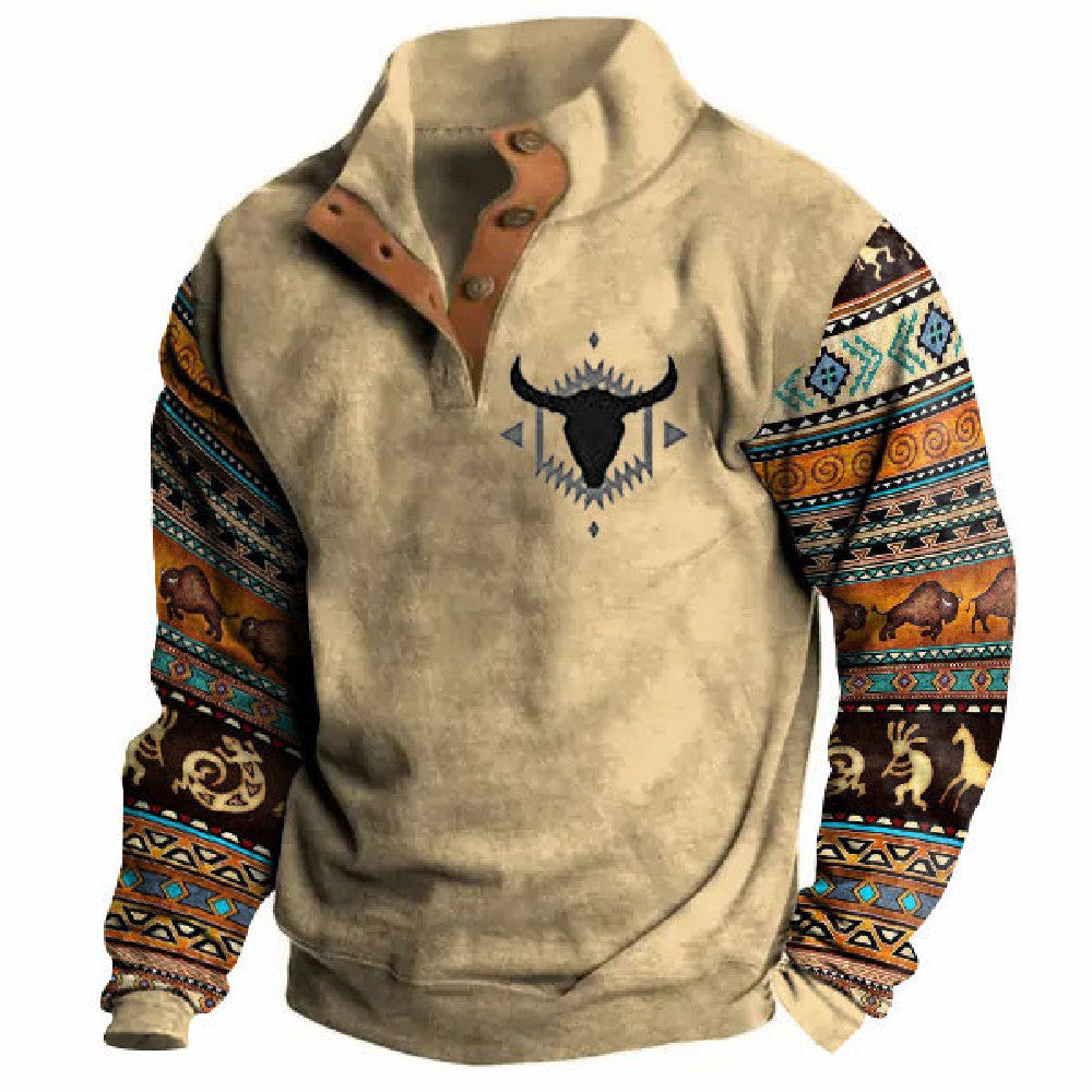 Winter Digital Printing Long Sleeve Stand Collar Half Button Sweater Men Brit Style