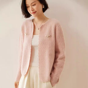 Women's Cashmere Cardigan Chanel Coat Loose Knitted Outerwear Round Neck Long Sleeve Brit Style