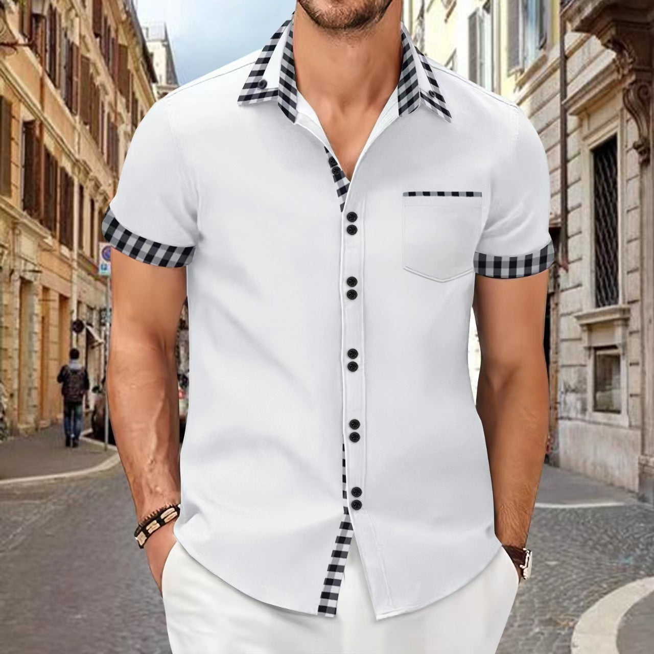 Men's Shirt Casual Pocket Stitching Contrast Color Top Brit Style