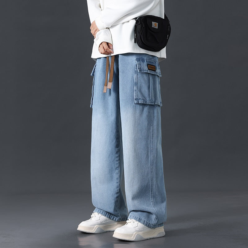 Loose Straight Wide-leg Pants Draping Gradient Washed Jeans For Men Brit Style