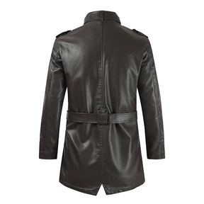 Men's Mid-length Leather Coat Stand Collar Fleece-lined Thickened Brit Style