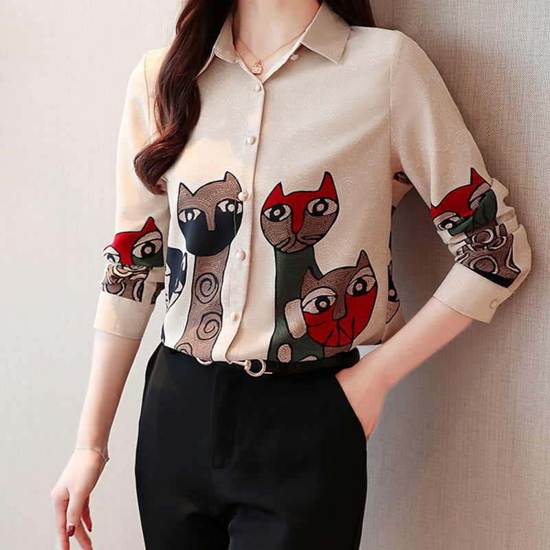 Spring And Autumn Vintage Cat Print Chiffon Shirt Brit Style