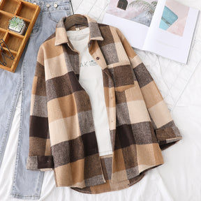 Thick Woolen Shirt Women Loose Casual Tops Literary Fan Plaid Shirt Jacket Brit Style