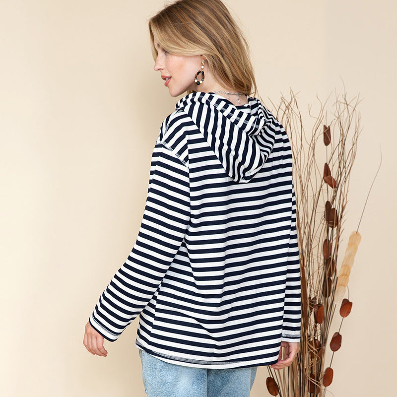 Shiying Striped Hooded Sweater Women's Autumn Fashion Loose-fitting Long Sleeves Top Brit Style