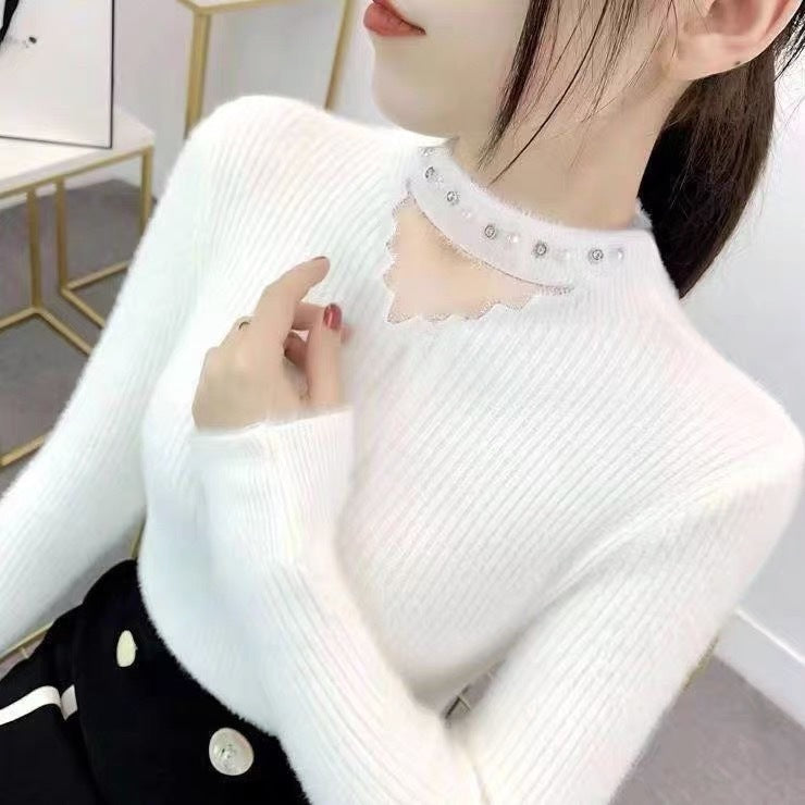 Lace Collar Hollow-out Rhinestone Pullover Sweater Brit Style