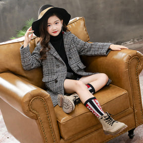 Gray plaid houndstooth coat for girls Brit Style