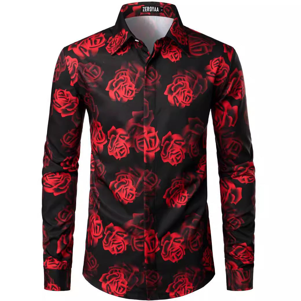 Fashion 3D Rose Printing Men's Long Shirt Brit Style