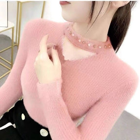 Lace Collar Hollow-out Rhinestone Pullover Sweater Brit Style