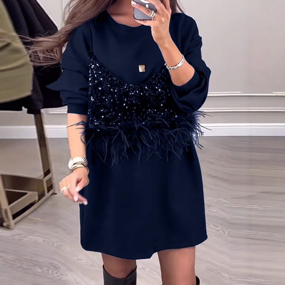 Round Neck Sequins Stitching Feather Dress Women's Clothing Brit Style