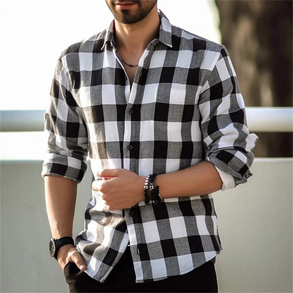 European And American Long Sleeve Loose 3D Personalized Printed Plaid Design Striped Shirt Brit Style